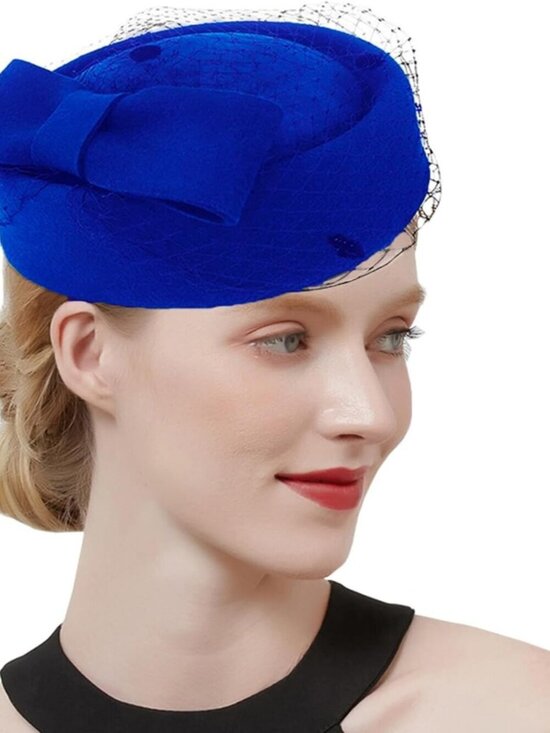 Women\'s British Style Pillbox Church Derby Wedding Winter Vintage Veil Hat Blue
